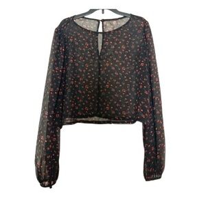 Vintage Semi Sheer Floral Blouse Top Black Red